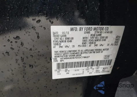 2013 Ford Explorer Xlt from USA, damaged, VIN 1FM5K8D87DGC78627